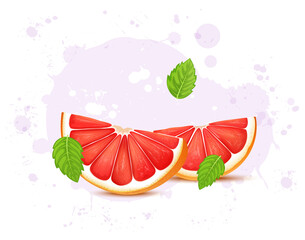 Grape fruit slices vector illustration with green leaves