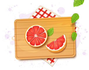 Grapefruit Slices vector illustration from top view on wooden chopping board