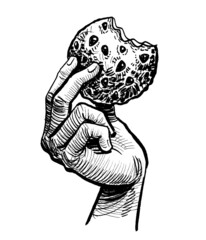 Hand holding a cookie. Ink black and white drawing