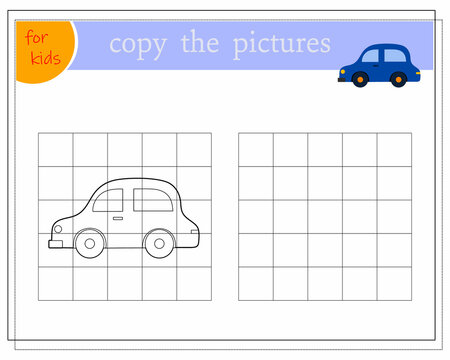 Copy the picture, educational games for children, cartoon toy car. vector