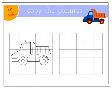 Copy the picture, educational games for children, cartoon toy car. vector