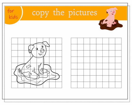 Copy the picture, educational games for kids, cartoon pig. vector