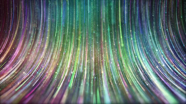 Colorful particle stripes flow is spectacular motion graphics. Multicolored particle light stripes continue to fall, beautiful dream colorful particle rain, wedding stage party performance background.