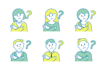 腕組みをして首をかしげているいろいろな人6　男性　女性　ポップ