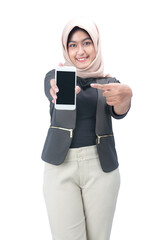 Asian Muslim woman in a headscarf showing a blank mobile phone screen