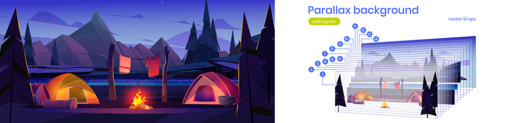 Camp with tents and bonfire on river shore at night. Vector parallax background ready for 2d animation with cartoon landscape with mountains, lake and campsite