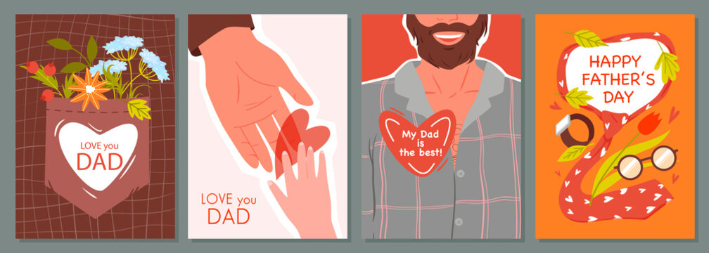 Happy father day greeting and celebrating cards. International men holiday, parenting cheerful moments, superhero dad, thankful children, gift surprise cartoon vector illustration - Powered by Adobe