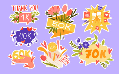 Fototapeta na wymiar Set of celebrating thousand of followers stickers. Social media account, users subscription and likes, engaging content posting, influencer lifestyle cartoon vector illustration