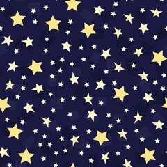Night sky pattern with stars. Vector background of galaxy, outer space for textile design or seamless background. The stars fly and glow in the night sky. Stylish abstract childish pattern