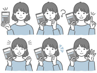 電卓を手に持つ私服の若い女性