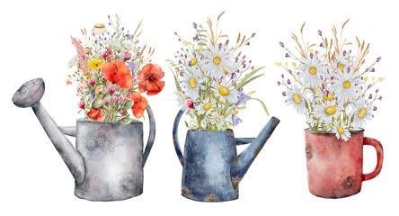 bouquet of wild flowers in a watering can watercolor hand drawn illustration © EvgeniiasArt