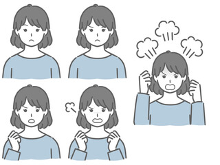 怒る表情の強弱　私服の若い女性