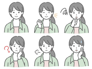 私服の若い女性の表情セット