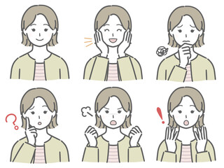 私服の若い女性の表情セット