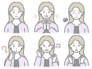 私服の若い女性の表情セット