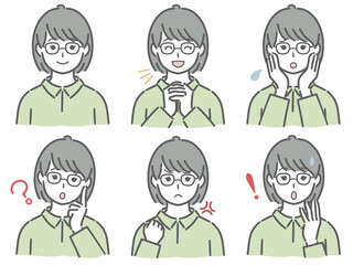 私服の若い女性の表情セット