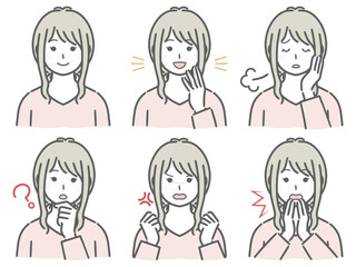 私服の若い女性の表情セット