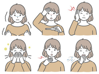 風邪の症状が出ている私服の若い女性