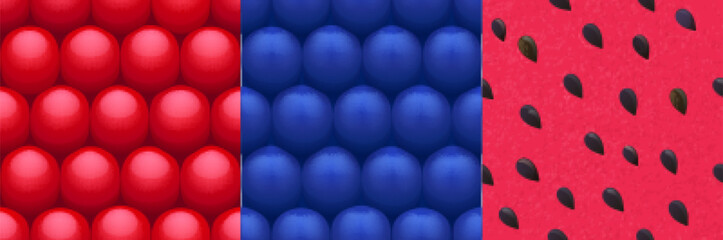 Game textures berries strawberry, blackberry or raspberry seamless patterns. Realistic 3d backgrounds of ripe fresh garden plants, graphic ui or gui layers design, closeup view, Vector illustration