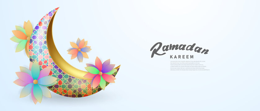ramadan kareem background 3d color crescent moon background theme design vector banner illustration