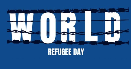 Animation of world refugee day over navy blue background