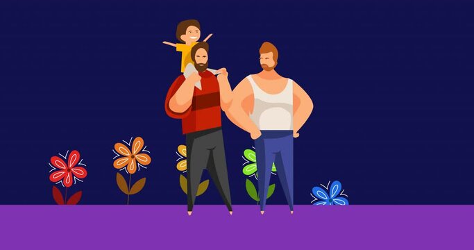 Animation of gay couple with child and flowers on blue background