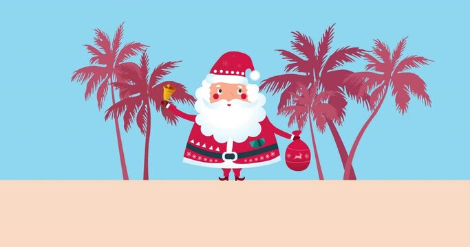Animation of santa claus with bell and present sack with palm trees on blue background