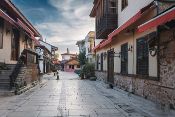 Ottoman houses on the main pedestrian street in Antalya Old Town Kaleici district, Turkey