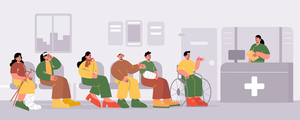 Patients waiting doctors appointment at clinic hallway. People wait in queue at hospital hall with reception desk. Sick persons at medical center interior, healthcare Line art flat vector illustration