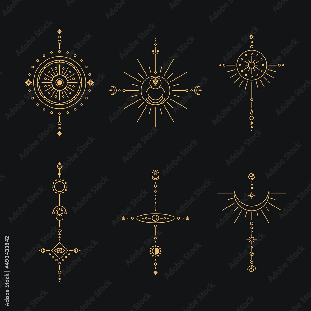 Poster set of moon and sun line art. minimal boho linear symbols. celestial mystic element. vector line art