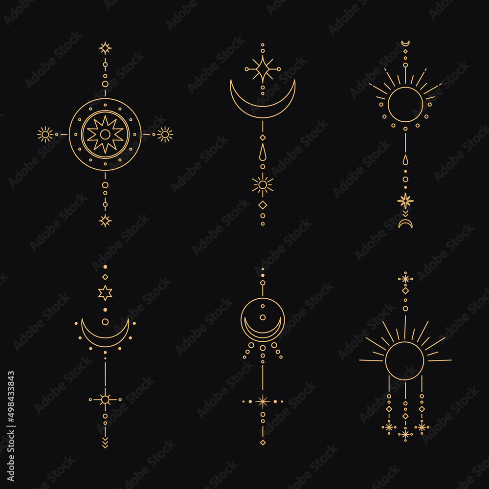 Poster set of moon and sun line art. minimal boho linear symbols. celestial mystic element. vector line art