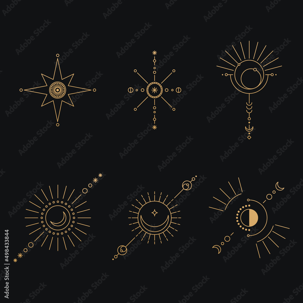Poster set of moon and sun line art. minimal boho linear symbols. celestial mystic element. vector line art