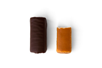 Different glazed cottage cheese bars isolated on white background.