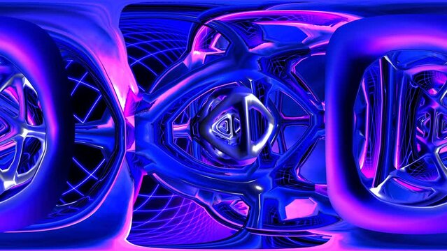 Seamless animation of metal pink and blue structure. Metaverse concept. Spherical panorama 360 virtual reality 3D rendering. Equirectangular environment map.