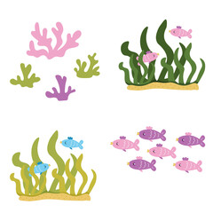 Fish in algae in cartoon style. Coral reefs