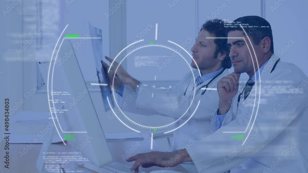 Poster animation of scope scanning and data processing over diverse male doctors