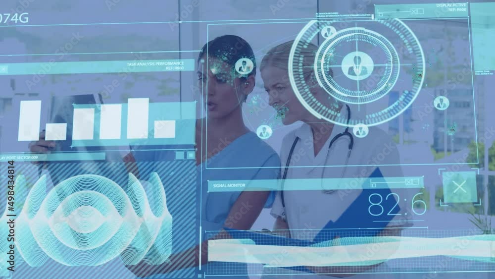 Poster animation of scope scanning and data processing over diverse female doctors