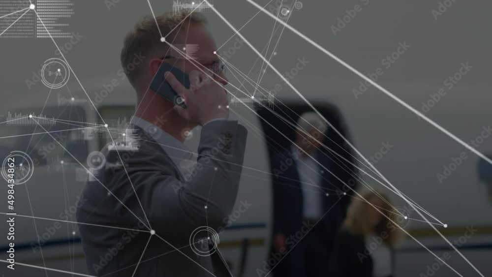 Poster animation of data processing over caucasian businessman talking on smartphone