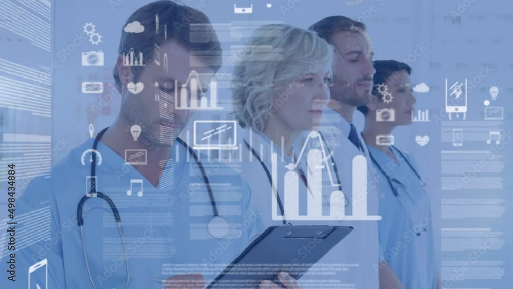 Poster animation of data processing and icons over diverse doctors