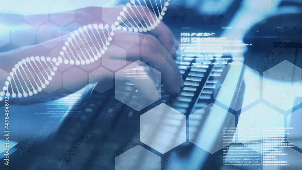 Poster animation of dna strand and data processing over hands typing on keyboard