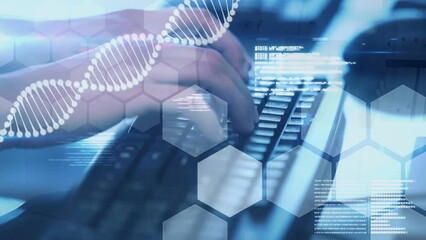 Animation of dna strand and data processing over hands typing on keyboard - Powered by Adobe
