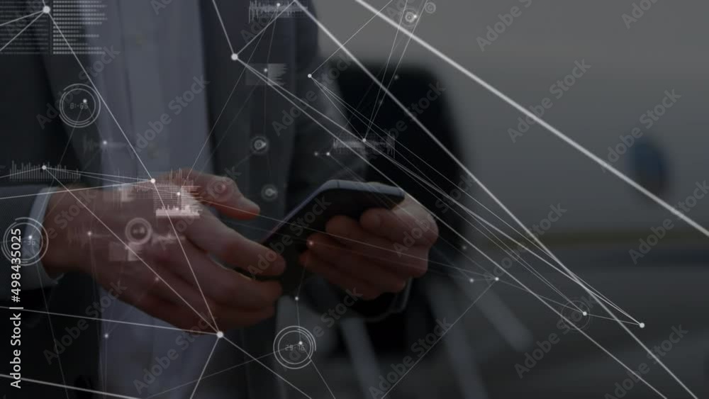 Poster animation of data processing over caucasian businessman using smartphone
