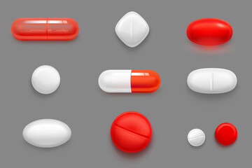 Pills, tablets and drug medicines, red and white capsules with granules. Oval, rhombus and round medicament painkillers, antibiotics, contraception, bio active additives, Realistic 3d vector set
