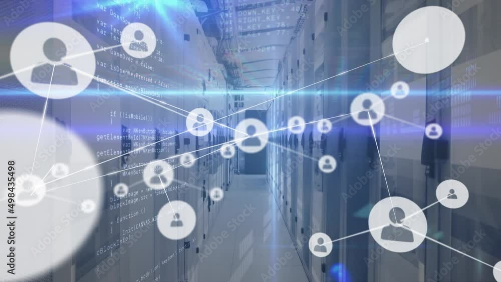 Poster animation of network of connections and data processing over server room