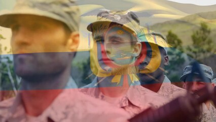 Animation of flag of ecuador over diverse male soldiers with weapons - Powered by Adobe