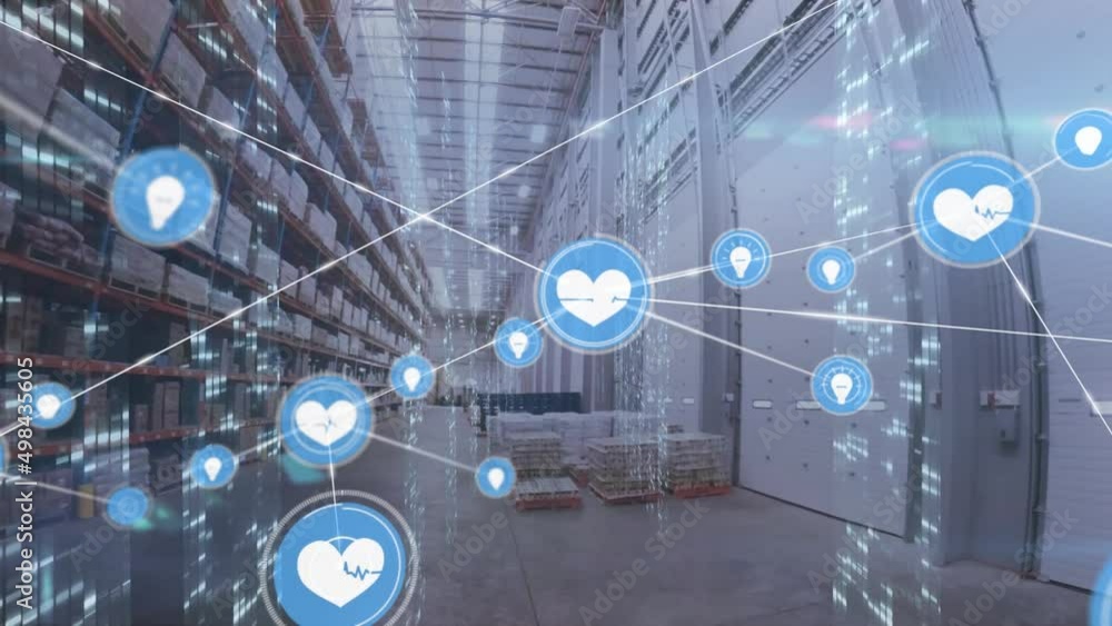 Poster Animation of network of connections and moving columns over empty warehouse