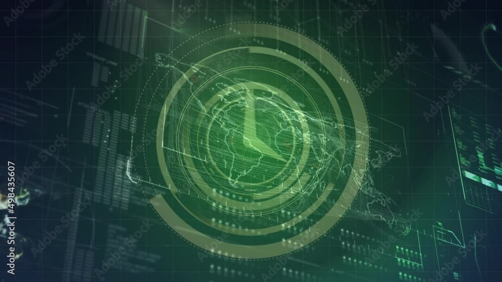Poster Animation of clock mowing and data processing over world map
