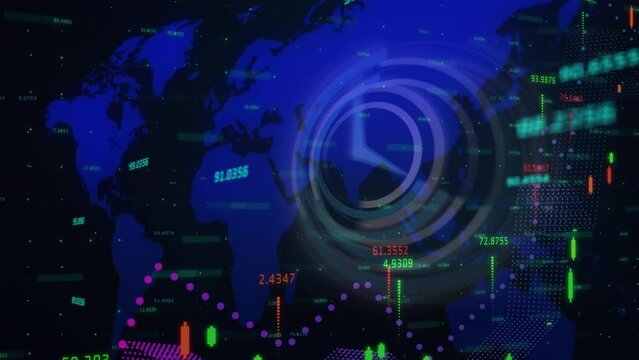 Animation of stock market data, moving clock and world map