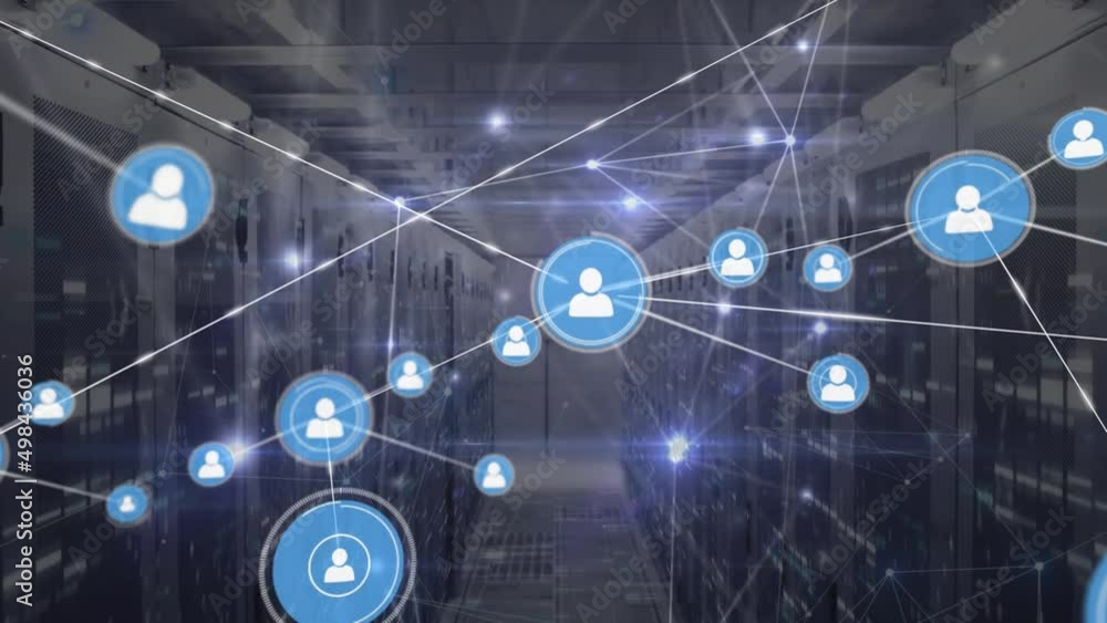 Poster animation of network of connections and data processing over server room