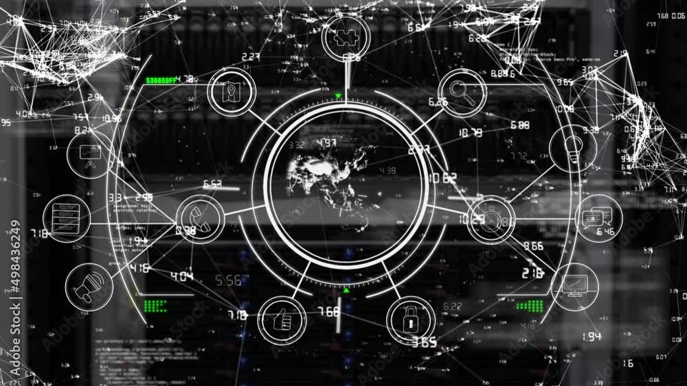 Poster animation of data processing with globe over server room